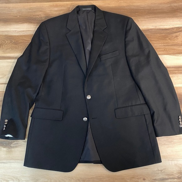 Lauren Ralph Lauren Blazer Mens 44L Black 100% Wool 2 Button Crest Silver Button